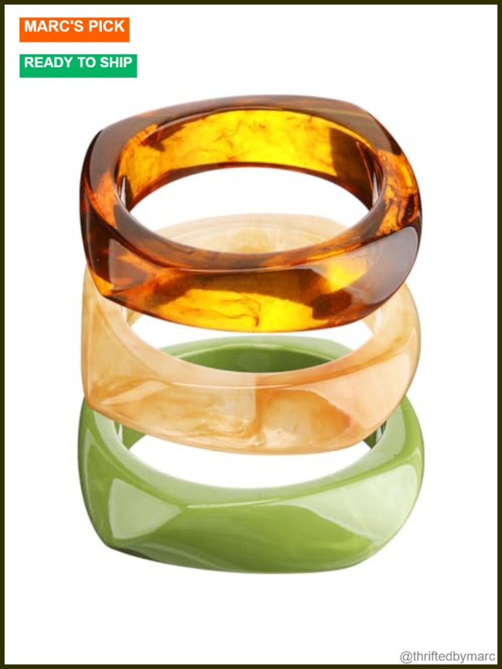 3 Pc Acrylic Resin Square Bangle Bracelet Set Wide Geometric Wristbands